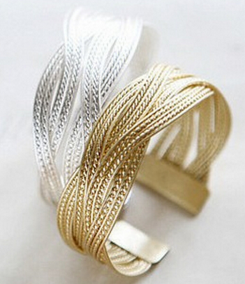 Wide bracelet woven women cuff Alloy knitted twisted metal rattan Women