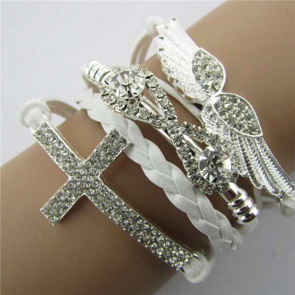 Leather Wrap Cross & Angel Wing Charm Crystal Bracelets